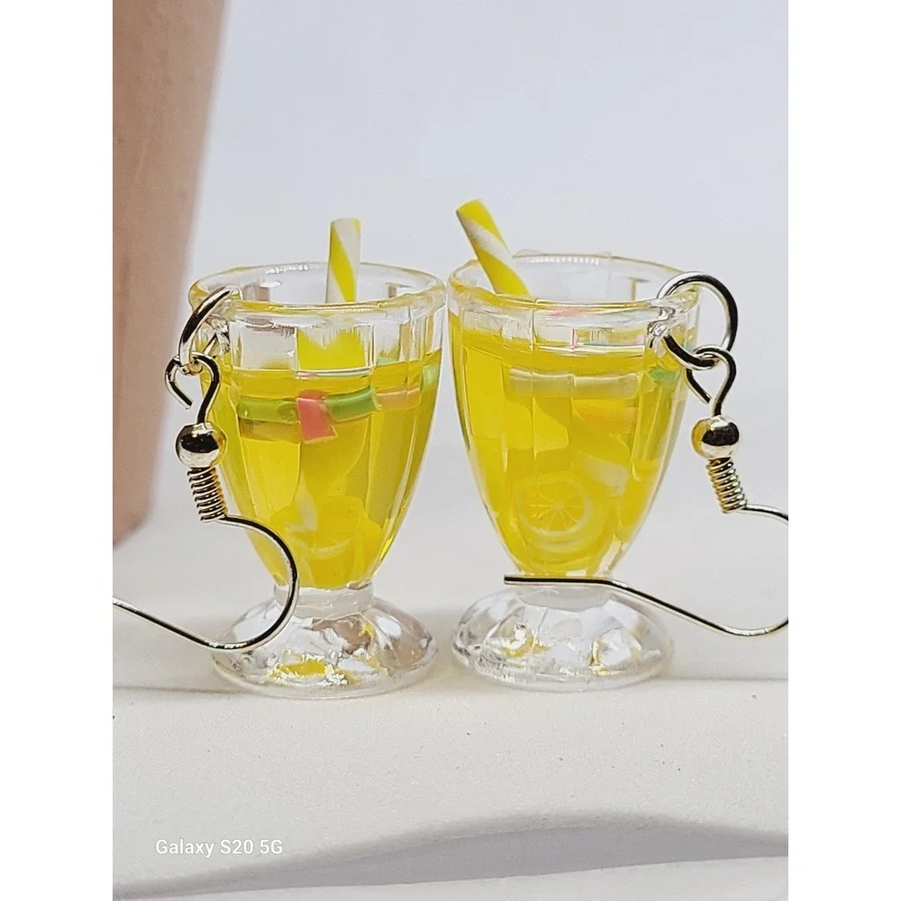 Handmade Yellow Lemonade Glass Drink Earrings Miniature Food Dangle Drops Summer